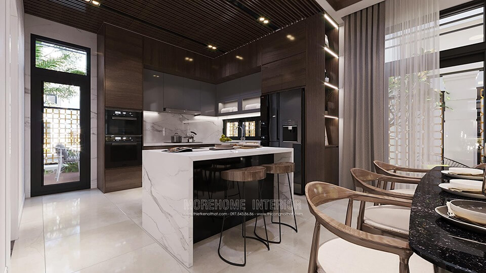 Thiết kế nội thất phòng bếp gỗ hiện đại cho biệt thự tại Starlake Tây Hồ Thiết kế nhà bếp tiện nghi