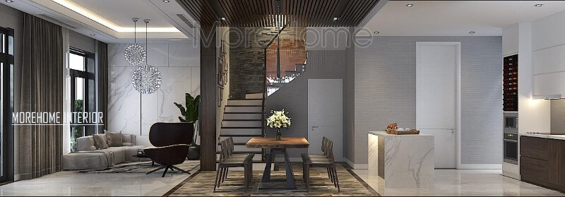 Phối cảnh thiết kế hiện đại đẹp cho biệt thự nhà phố với ý tưởng thiết kế phòng khách liền bếp ăn. Thiết kế nhà bếp tiện nghi