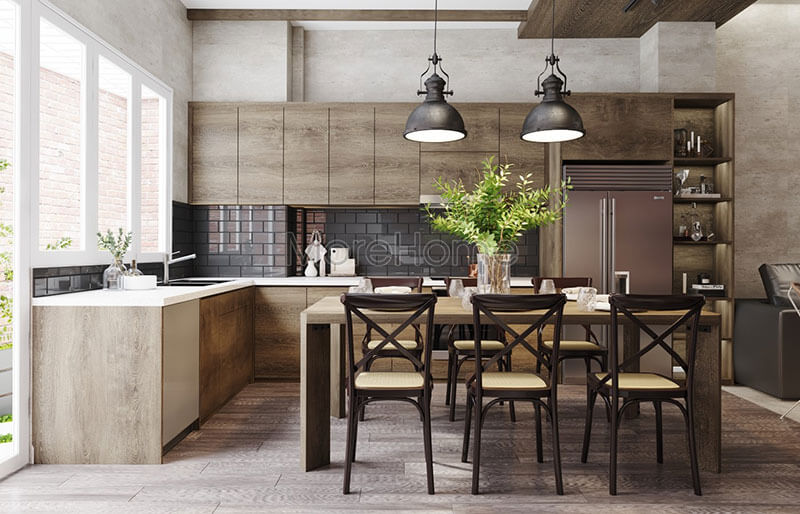 Thiết kế phòng bếp hiện đại với mẫu tủ bếp gỗ chữ L tiện nghi cho người nội trợ Thiết kế nhà bếp tiện nghi