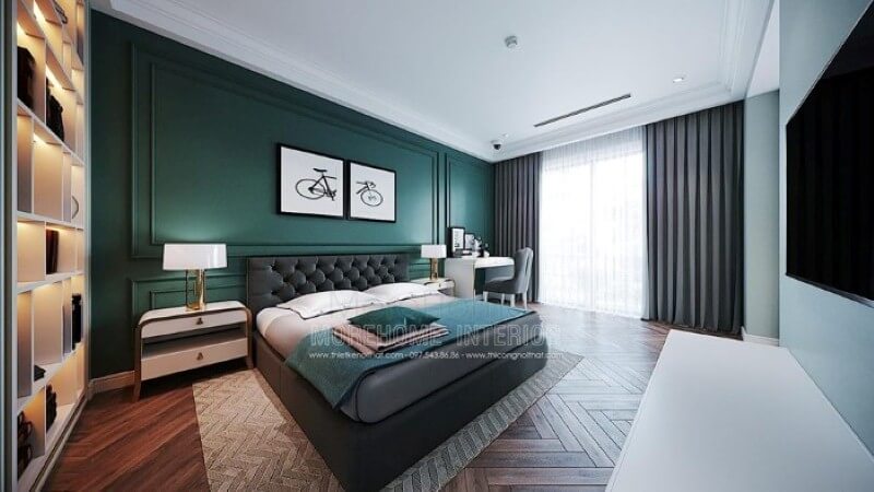 Giường bọc nệm đẹp ấn tượng với kiểu dáng vuông vắn kết hợp các nút nệm đầu giường tạo cảm giác êm ái, sang trọng cho phòng ngủ đương đại. Thiết kế phòng ngủ biệt thự