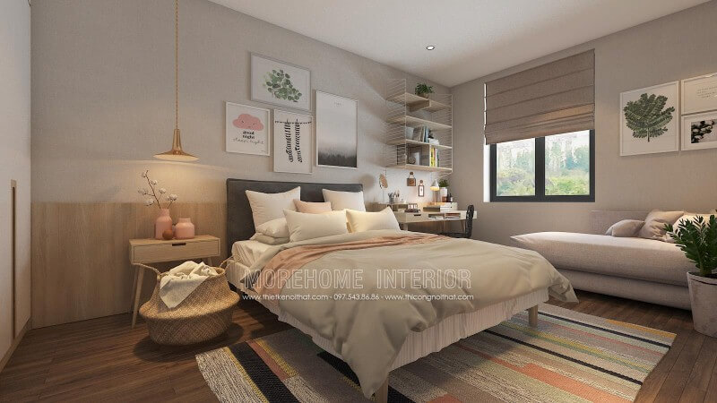 Trang trí phòng ngủ ấn tượng với cách trang trí độc đáo từ những mảng lớn đơn sắc kết hợp cùng họa tiết điểm nhấn tạo nên nét đẹp sinh động, trẻ trung cho không gian. Thiết kế phòng ngủ biệt thự