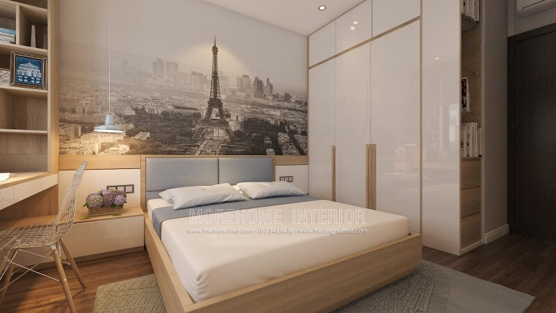 Ý tưởng sáng tạo trong bố trí nội thất phòng ngủ nhỏ nhưng tiện ghi với tab đầu giường làm kệ trang trí, tủ quần áo lồng với kệ để đồ cùng đèn thả ấn tượng giúp không gian phòng ngủ luôn đẹp và thông thoáng. Thiết kế phòng ngủ biệt thự