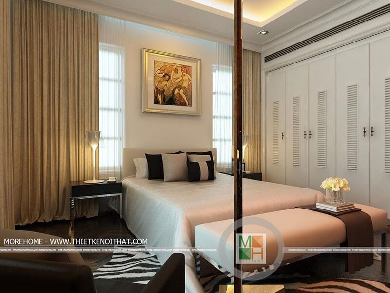 Thiết kế nội thất phòng ngủ hiện đại với tone màu trắng- nâu trầm mang lại sự hài hòa, thư giãn cho căn phòng Thiết kế phòng ngủ biệt thự