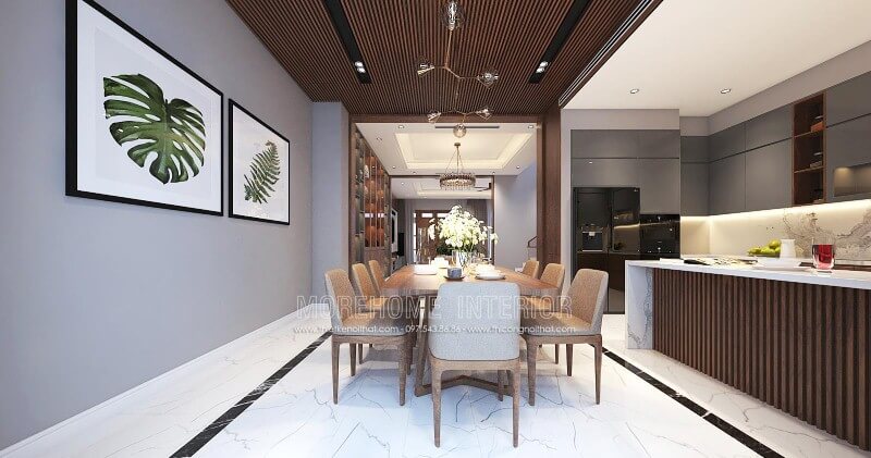 Sắp xếp nội thất phòng ăn liền bếp hiện đại đẹp sang trọng cho nhà phố, biệt thự tại Vinh, Nghệ An. Mẫu nội thất biệt thự đẹp