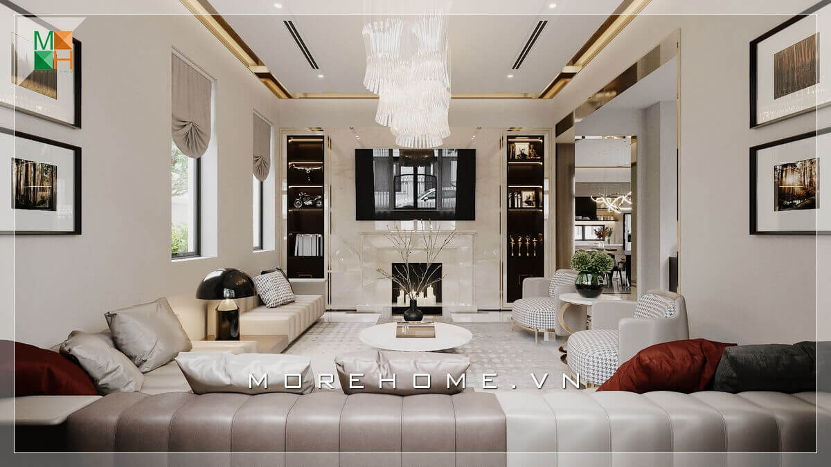 Chiêm ngưỡng không gian phòng khách rất đẳng cấp với sự bố trí nội thất khoa học và sang trọng phù hợp cho không gian nhà phố, biệt thự,... Mẫu nội thất biệt thự đẹp