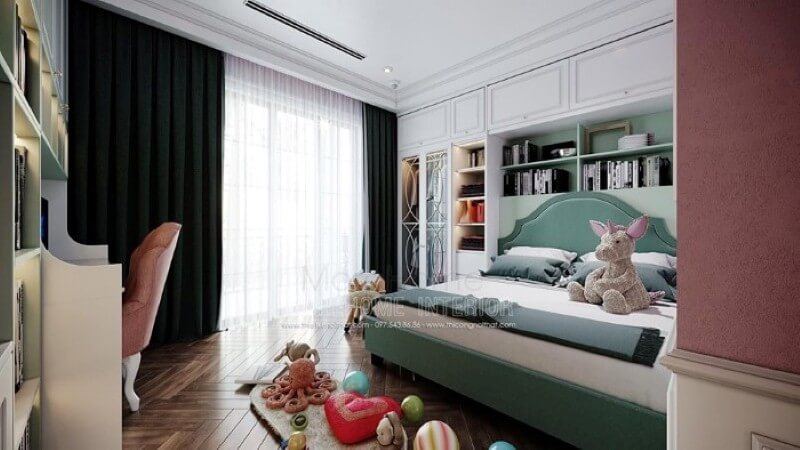 Bố trí nội thất phòng ngủ con gái ấn tượng với bố trí giường ngủ, kệ tủ trang trí khoa học giúp không gian thông thoáng tối đa nhưng vẫn đảm bảo công năng, tính thẩm mỹ.