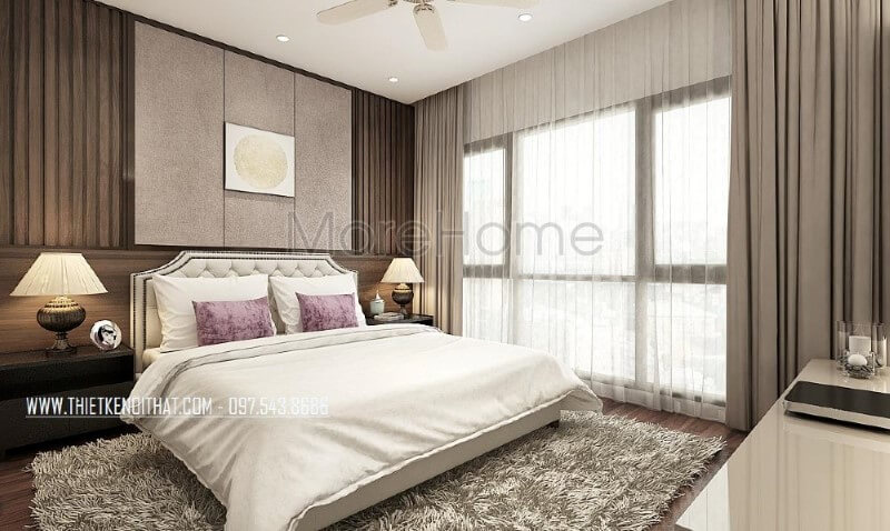 Giường ngủ bọc nệm gam sữa cùng họa tiết trang trí đẹp mắt từ các nút nệm cùng đường nét uốn lượn đầu giường tạo điểm nhấn độc đáo cho phòng ngủ master hiện đại.