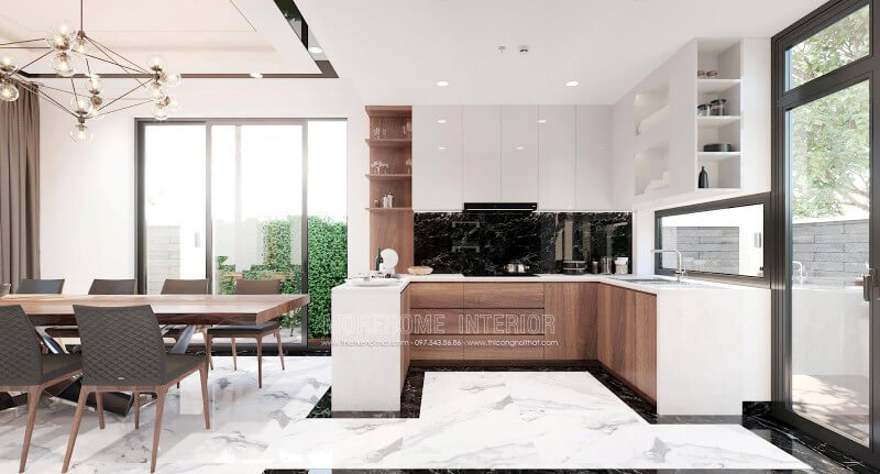 Mẫu tủ bếp hiện đại được thiết kế ấn tượng với sự phân chia khoa học mang lại sự thuận tiện cho người nấu. Tủ bếp hiện đại, tủ bếp chữ u, tủ bếp chữ i, tủ bếp chữ l