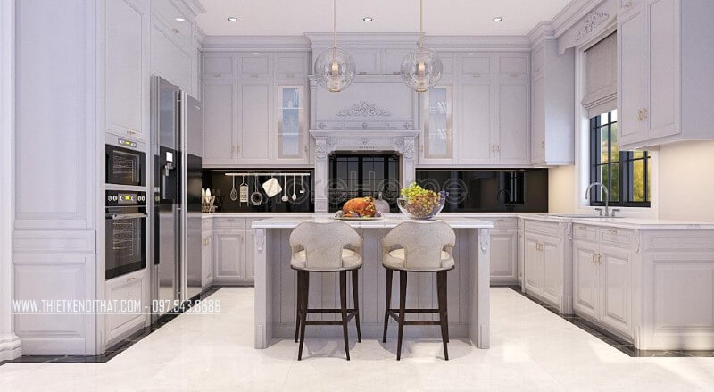 Tủ bếp chữ U cao cấp kết hợp với bàn đảo chính giữa tạo cho các bà, các mẹ dễ dàng nấu nướng và di chuyển, mang lại những bữa ăn nhanh chóng và ngon miệng hơn Tủ bếp hiện đại, tủ bếp chữ u, tủ bếp chữ i, tủ bếp chữ l