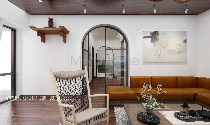 Phòng khách biệt thự, nhà phố mang vẻ đẹp hiện đại sang trọng với thiết kế sofa góc khối vuông vắn được bọc da nâu cao cấp đầy ấn tượng. Mẫu thiết kế nội thất biệt thự đẹp