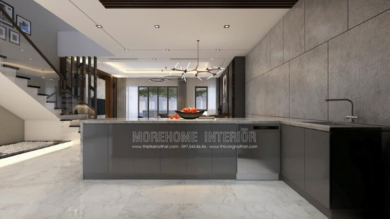 Mẫu bàn đảo bếp độc đáo với bố trí nội thất hiện đại sang trọng từ bộ tủ gỗ công nghiệp acrylic An Cường được phủ bề mặt đá ốp nâu vân chỉ đẹp sang trọng. Thiết kế tủ bếp biệt thự sang trọng