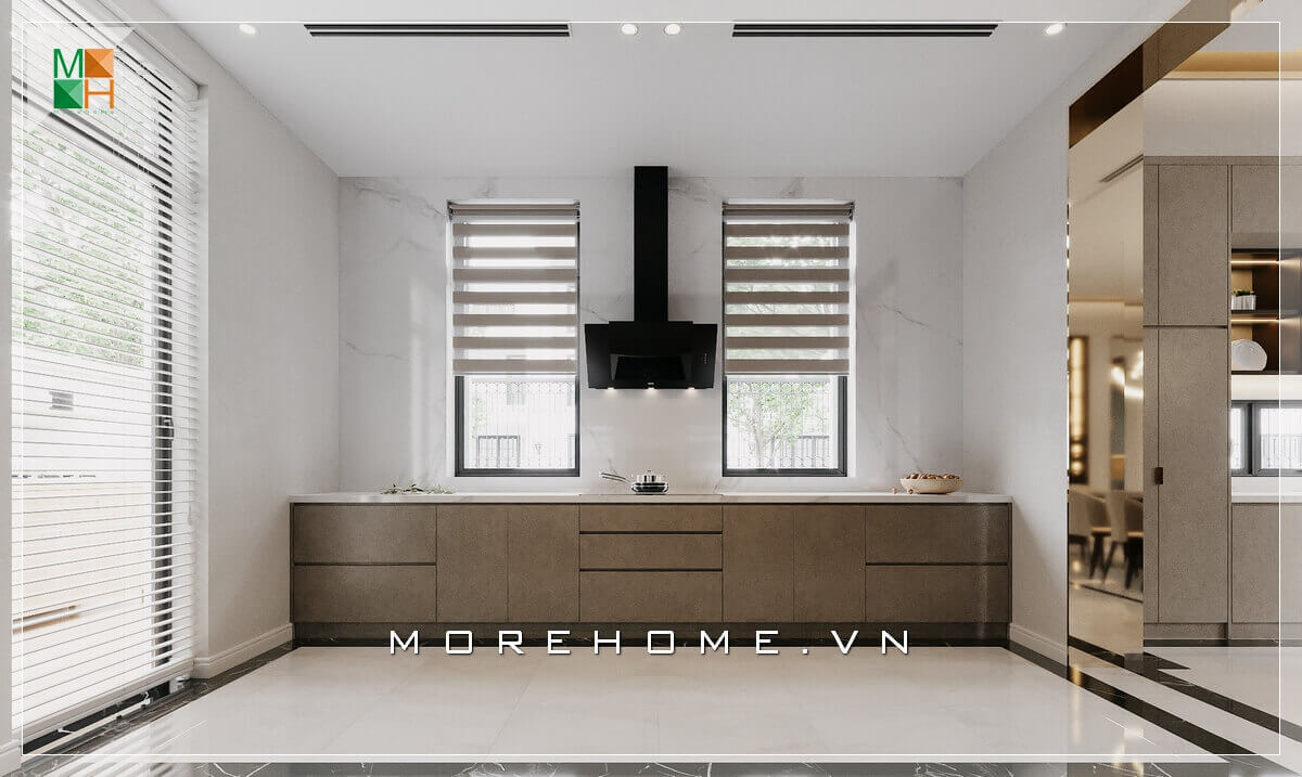 Mẫu phòng bếp với tủ bếp chữ I bằng gỗ công nghiệp chống ẩm kết hợp mặt bàn đá vân mây cao cấp cho chung cư, biệt thự, nhà phố hiện đại Thiết kế tủ bếp biệt thự sang trọng