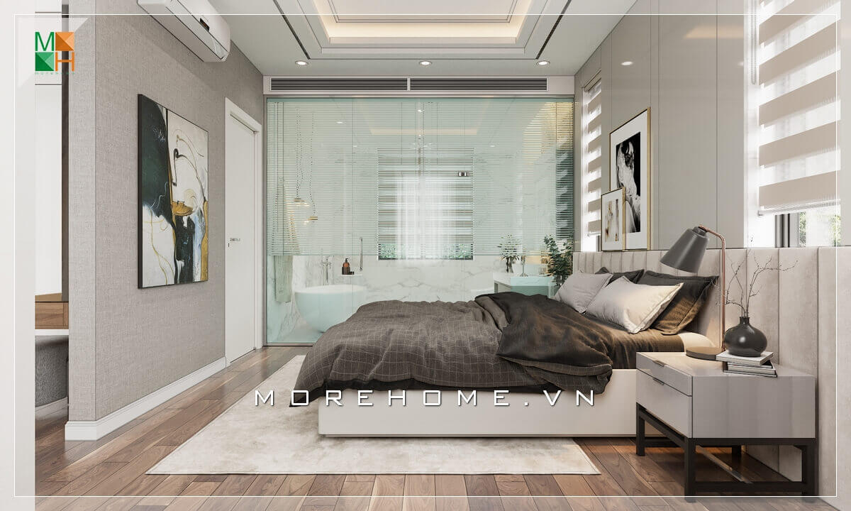 Ấn tượng với thảm trải sàn giường ngủ màu trắng sang trọng, lịch lãm tô thêm vẻ cao cấp cho không gian phòng ngủ. Thiết kế chung cư