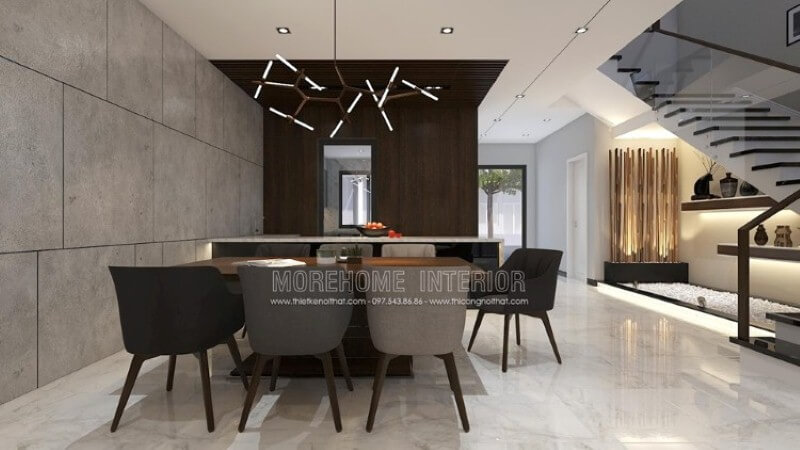 Bố trí phòng ăn với xu hướng sử dụng bàn ăn gỗ nguyên khối và bộ bàn ghế không đồng bộ màu sẽ mang lại cách nhìn mới lạ. Thiết kế nội thất phòng ăn biệt thự