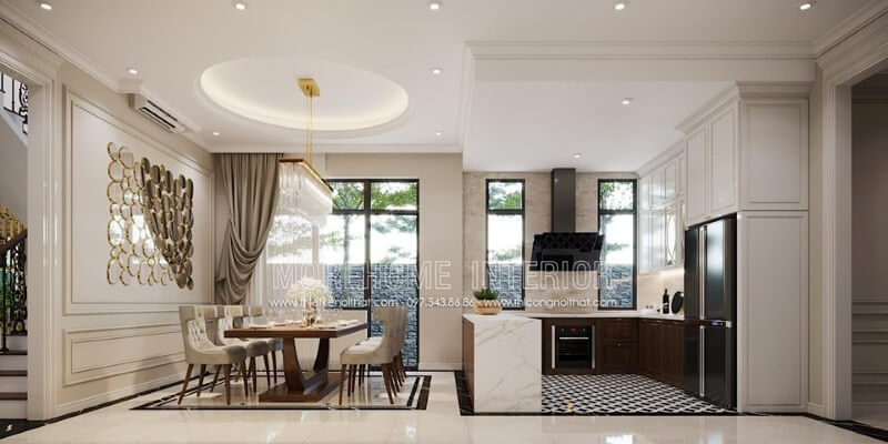 Sắp xếp nội thất mở sang trọng từ phòng ăn liền bếp không vách ngăn. Thiết kế nội thất phòng ăn biệt thự