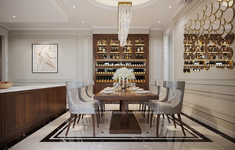 Tủ rượu gỗ óc chó tự nhiên đẹp cho phòng ăn biệt thự, nhà phố đương đại. Thiết kế nội thất phòng ăn biệt thự