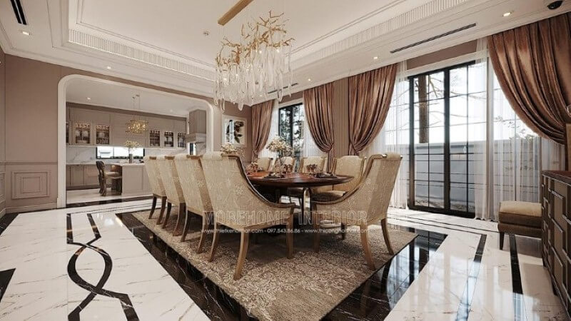 Bố trí nội thất phòng ăn liền bếp phong cách đương đại đẹp, sang trọng. Thiết kế nội thất phòng ăn biệt thự