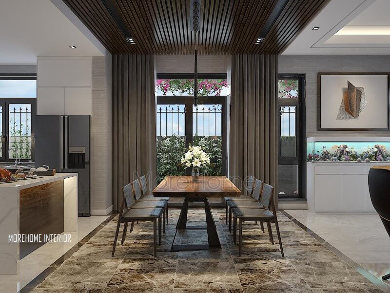 Bộ bàn ăn 6 ghế gỗ óc chó tạo nét đẹp, hiện đại, sang trọng cho phòng ăn biệt thự, nhà phố. Thiết kế nội thất phòng ăn biệt thự