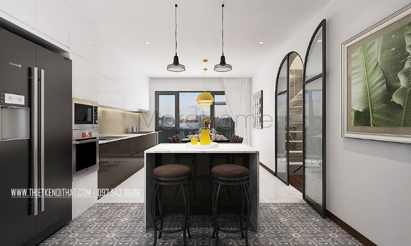 Trang trí hệ cửa lớn và hợp lý giúp phòng bếp ăn luôn được thông thoáng cùng cách trang trí đẹp mắt sẽ tạo nên không gian đẹp, sang trọng cho biệt thự, nhà phố. Thiết kế nội thất phòng ăn biệt thự