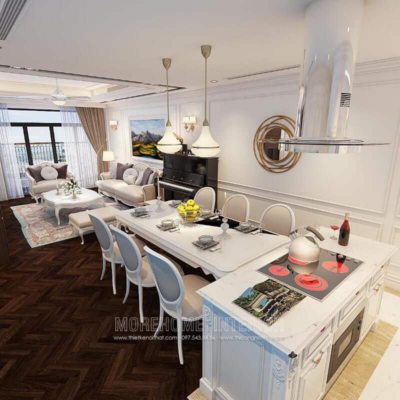 Sử dụng tone màu trắng ấn tượng đồng nhất với các không gian sinh hoạt chung khác, mẫu tủ bếp gỗ tần bì phun sơn cao cấp mang lại sự sang trọng và đẳng cấp Tủ bếp màu trắng và màu nâu đẹp