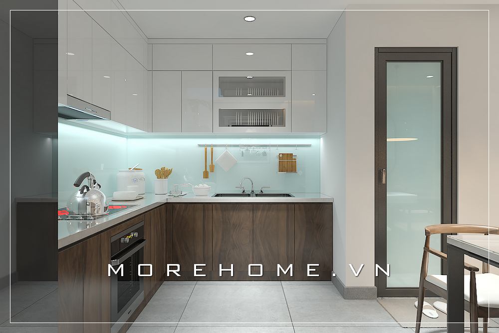 Mẫu tủ bếp gỗ công nghiệp cữ L hiện đại, tone màu nâu của gỗ tạo nên không gian ấm cúng, thiết bị bếp đầu đủ tạo không gian tiện nghi cho người nội trợ Tủ bếp màu trắng và màu nâu đẹp