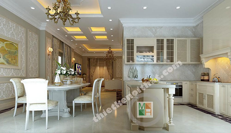 Mẫu tủ bếp gỗ tân cổ điển với thiết kế chữ L cùng thiết bị bếp hiện đại mang đến sự tiện nghi cho người nội trợ Tủ bếp màu trắng và màu nâu đẹp