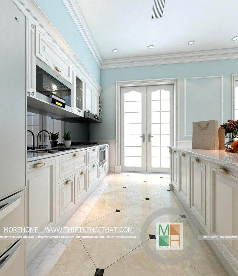 Mẫu tủ bếp gỗ tự nhiên màu trắng với thiết kế tân cổ điển Tủ bếp màu trắng và màu nâu đẹp