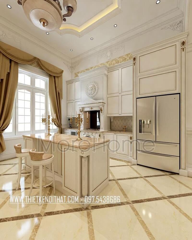 Mẫu tủ bếp gỗ tân cổ điển màu trắng cùng với thiết bị bếp hiện đại, sang trọng cho phòng bếp Tủ bếp màu trắng và màu nâu đẹp