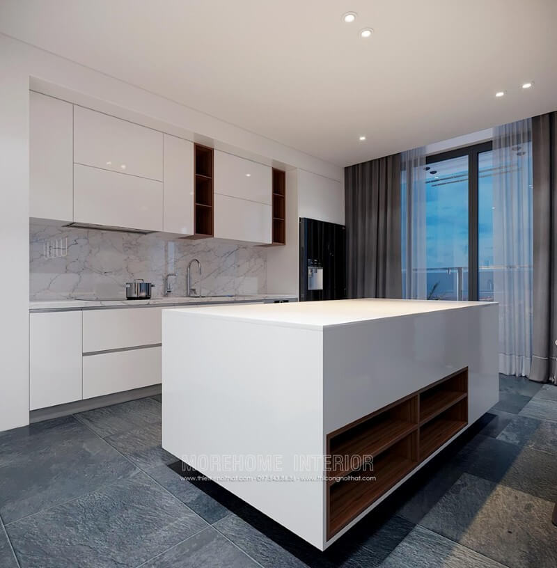 Tủ bếp hiện đại được thiết kế thông minh với ngăn tủ phân chia hợp lí tạo cho gia chủ thuận tiện hơn trong quá trình nấu nướng và sử dụng Tủ bếp đẹp