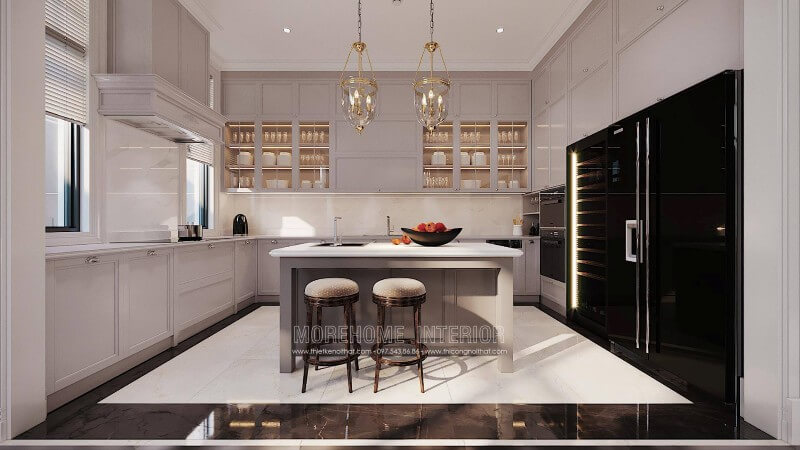 Morehome chuyên thiết kế và thi công sản xuất các mẫu tủ bếp biệt thự bằng gỗ công nghiệp. Khách hàng có nhu cầu đặt sản xuất tủ bếp hiện đại, vui lòng liên hệ với Morehome để được tư vấn và báo giá. Tủ bếp đẹp
