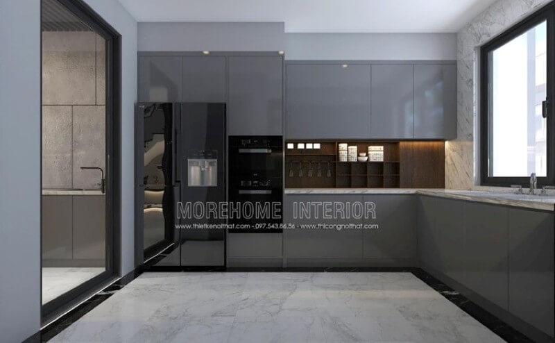 Mẫu tủ bếp gỗ công nghiệp acrylic màu xám đẹp mắt trong trang trí nội thất phòng bếp hiện đại sẽ là lựa chọn khá phù hợp với các không gian như chung cư, biệt thự, nhà phố. Tủ bếp đẹp