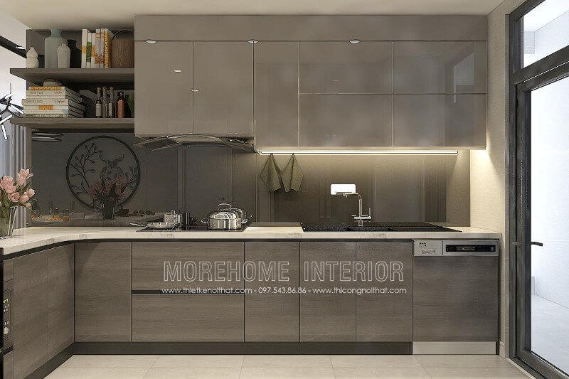 Nhằm tăng tính sang trọng cũng như độ bền,nhiều gia chủ lựa chọn sử dụng tủ bếp hiện đại kết hợp tủ Acrylic ở trên và tủ Laminate ở dưới Tủ bếp đẹp