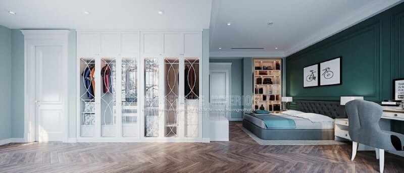 Tủ quần áo âm tường được thiết kế âm tường tạo cảm giác thông thoáng ấn tượng cho phòng ngủ. Thiết kế nội thất biệt thự