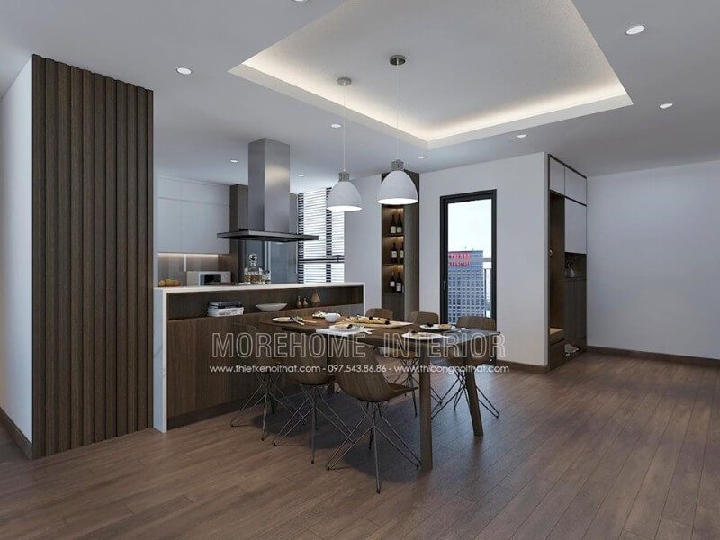 Phòng khách liên kết trực tiếp với khu vực ăn uống, tạo không gian mở và sự thông thoáng cho căn chung cư