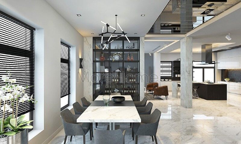 Thiết kế nội thất phòng ăn nhà phố đẹp hiện đại được ngăn cách với không gian phòng khách bằng tủ kính đa năng tạo sự riêng tư và thoải mái