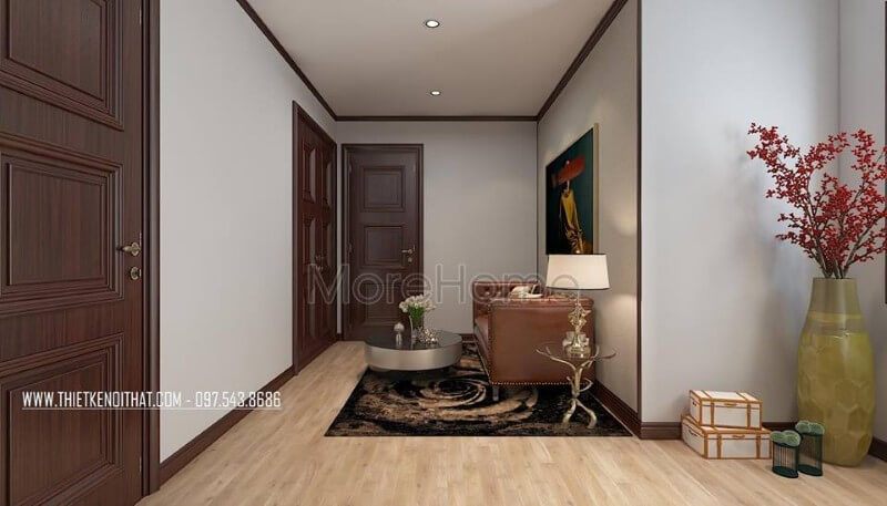 Thiết kế cửa gỗ tự nhiên tân cổ điển với tone màu nâu trầm ấm, mang lại cảm giác chắc chắn và sang trọng hơn cho không gian mà nó đang sở hữu