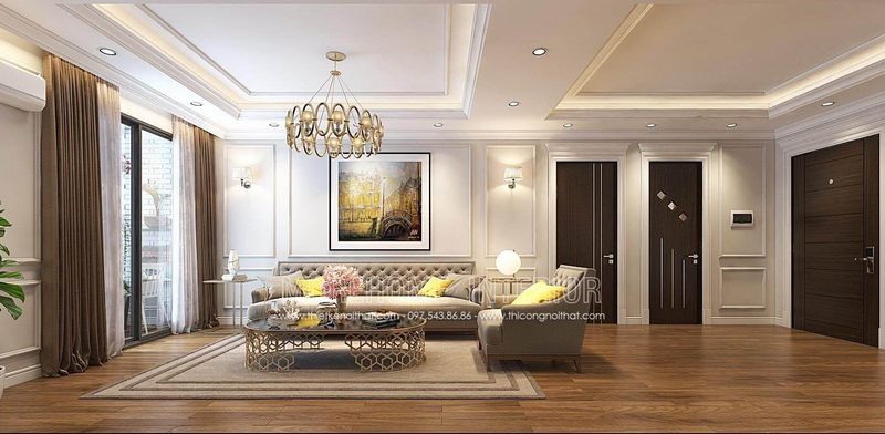 Cửa gỗ Laminate cao cấp nối phòng khách và ngủ Master soi chỉ ngang đẹp mắt MH10