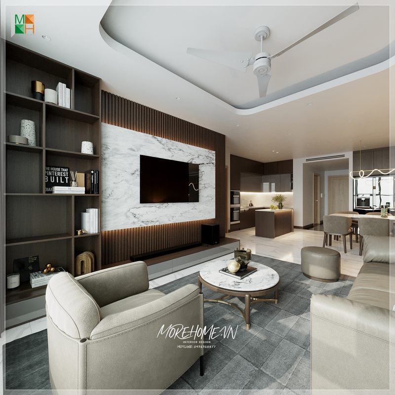 Kệ tivi kết hợp giá sách phù hợp với diện tích không gian sắp xếp trang trí các món đồ hợp lí gọn gàng.