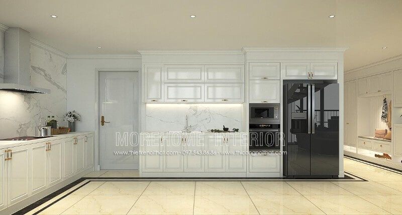 Tủ bếp gỗ tự nhiên với gam màu trắng chủ đạo mang lại sự thanh thoát và tinh tế hơn cho không gian nội trợ