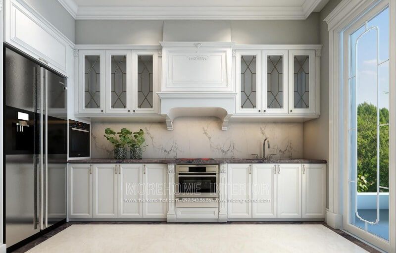 Tủ bếp âm tường kiểu dáng chữ i với chất liệu gỗ sồi phun sơn trắng bệt Alkana cao cấp mang lại căn bếp chung cư sang trọng và thông thoáng hơn