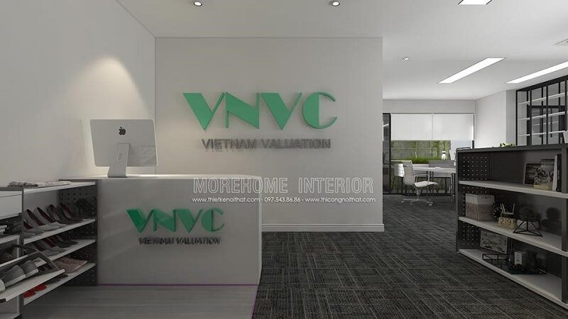 Mẫu thiết kế quầy lễ tân văn phòng hiện đại VNVC với cách bố trí hợp lí khoa học mang đến một không gian làm việc lí tưởng cho khách hàng.