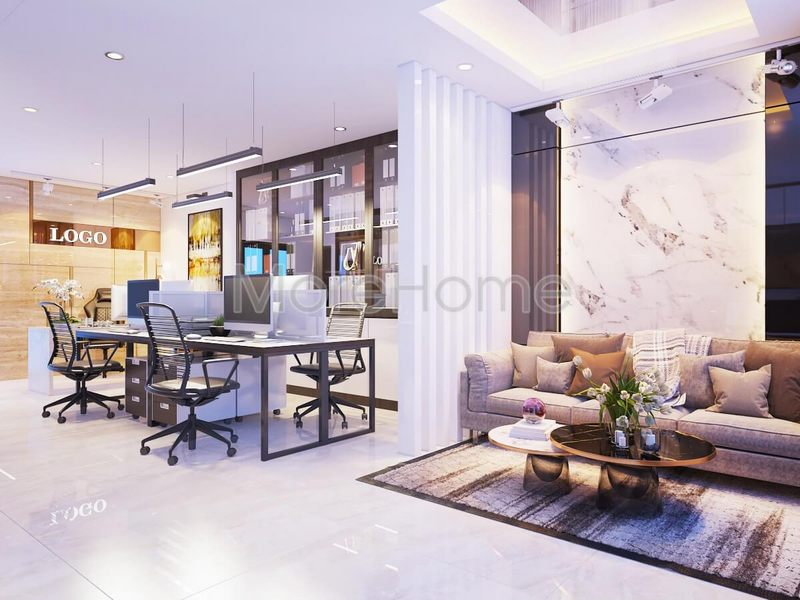 Thiết kế phòng khách nhỏ kết hợp với văn phòng đẹp, tiện nghi giúp giảm bớt chi phí khi phải mở thêm văn phòng riêng