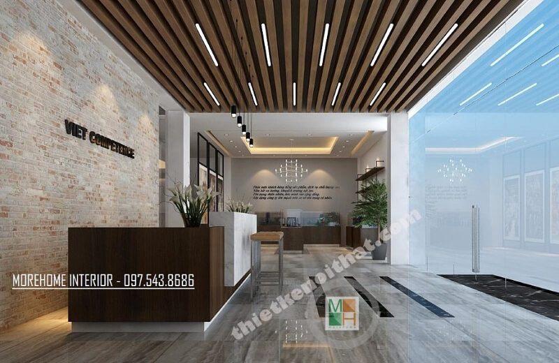 Thiết kế quầy lễ tân đẹp với bàn làm việc gỗ công nghiệp cao cấp kết hợp đá nhân tạo màu trắng mang đến điểm nhấn nổi bật