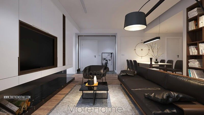 Đá nhân tạo được sử để ốp mảng tường TV, màu sắc và vân đá nhân tạo khiến cho khu vực phòng khách thêm phần sáng sủa