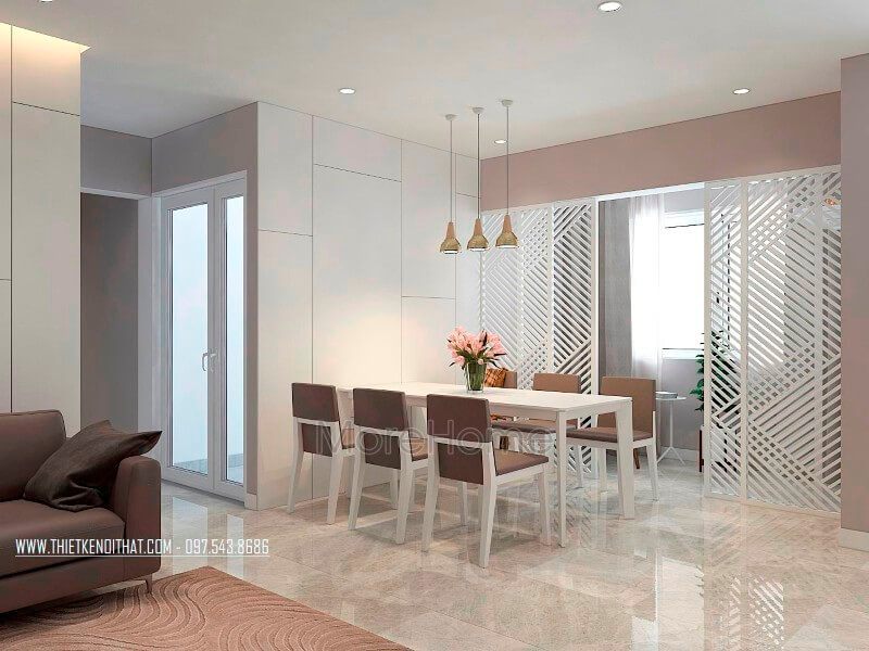 Thiết kế nội thất khu vực phòng ăn đơn giản nhưng ấn tượng với bộ bàn ghế ăn hiện địa, đèn thả trần cách điệu