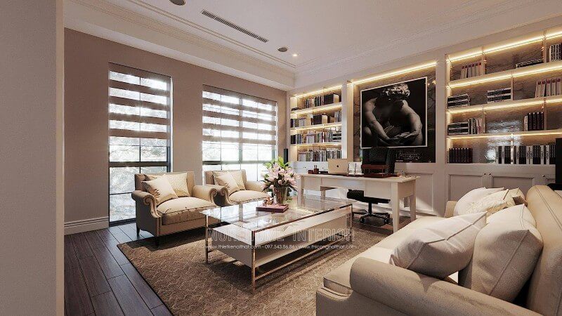 Mẫu tủ sách hiện đại bằng gỗ tự nhiên có gắn đèn led cao cấp cho phòng làm việc tại nhà