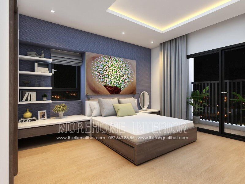 Phòng ngủ tối giản với chiếc giường ngủ hiện đại tích hợp ngăn kéo ở phía dưới giúp tận dụng không gian, mang đến vẻ đẹp độc đáo