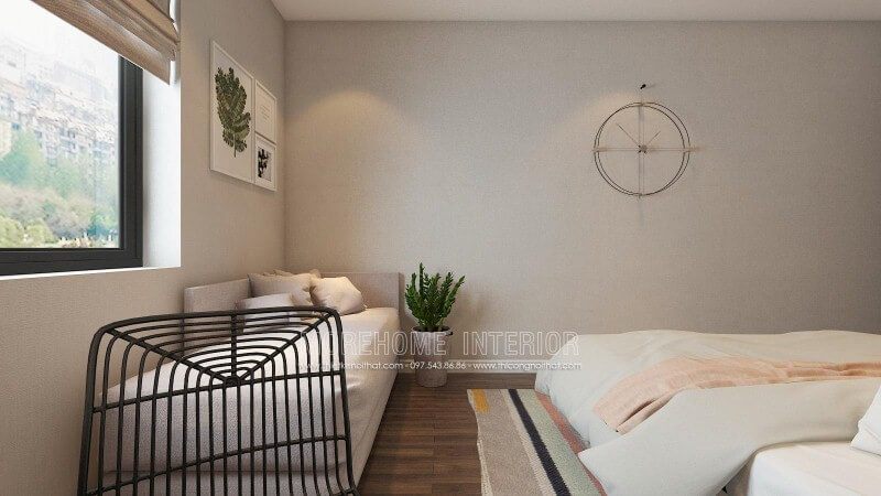 Ghế sofa dài màu ghi đẹp, hiện đại được bố trí ngay tại cửa sổ giúp bạn có thể tận hưởng cảm giác êm ái khi nắm nét đẹp sinh động từ tự nhiên ngay trong phòng ngủ của mình.