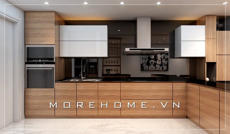 Thiết kế nội thất phòng bếp gỗ công nghiệp hiện đại, tiện nghi