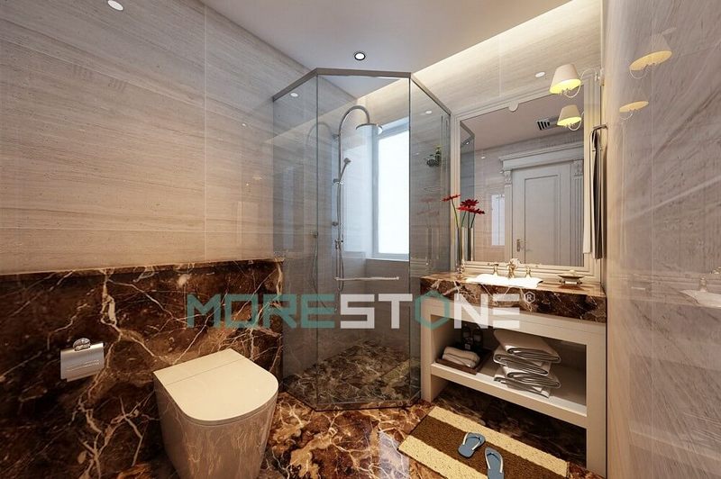 Tạo điểm nhấn cho thiết kế phòng tắm, kết hợp đá ốp tường vân gỗ xám và đá nâu Tây Ban Nha lát nền sang trọng